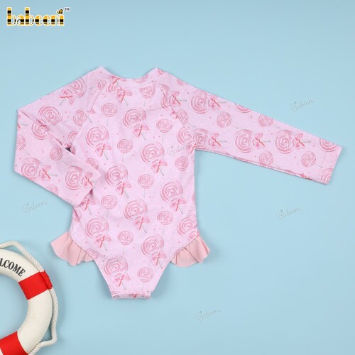 Fancy Pink Swimwear with bow tie and sweet candy pattern For Girl - BB3432A